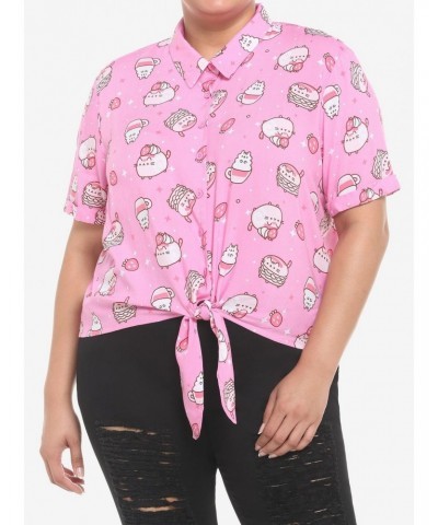 Pusheen Pink Sweets Tie-Front Girls Woven Button-Up Plus Size $5.94 Button-Up