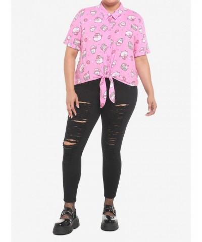 Pusheen Pink Sweets Tie-Front Girls Woven Button-Up Plus Size $5.94 Button-Up